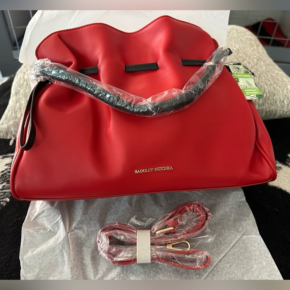 Badgley Mischka Vibrant Solid  Red with Snake Draw and Gold Accents Shoulder Bag